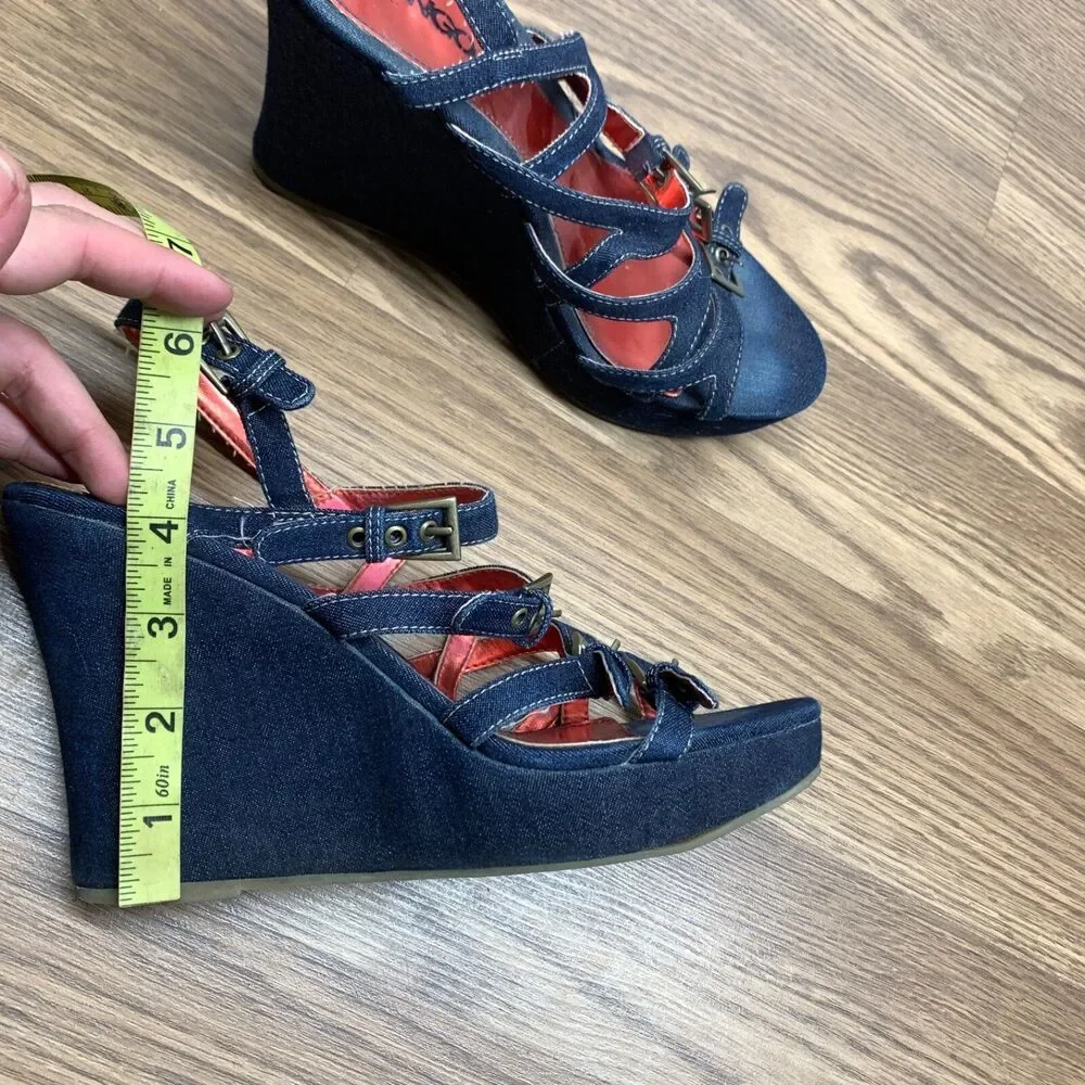 Women's Bongo Y2K‎ Playtime 7M Denim Platform Strappy Wedge Sandals Pre-owned